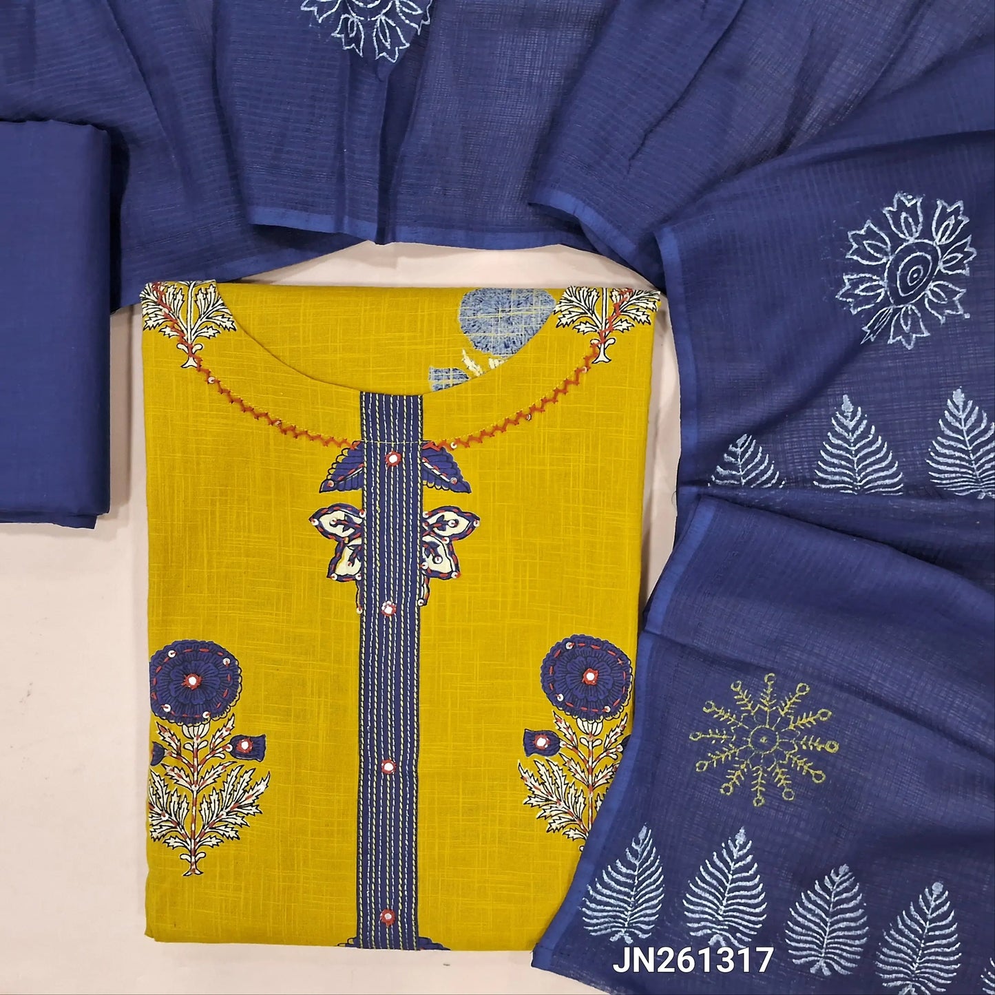 Mehandhi yellow premium slub cotton unstitched salwar material ( soft,lining optional)hand embroidery work on yoke, floral embroidery and hand work on front,dark blue slub cotton bottom, block printed full length pure kota cotton dupatta. JN261317