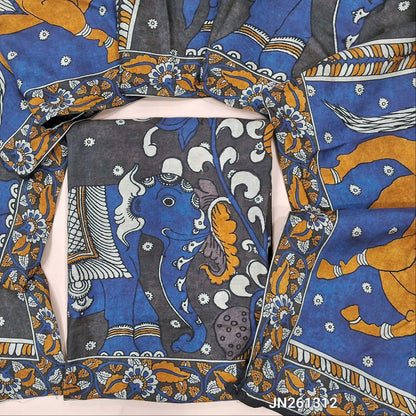 Designer dark grey pure muslin silk unstitched salwar material(silky,lining needed) kalamkari printed all over, NO BOTTOM,kalamkari printed short width pure muslin silk dupatta. JN261312