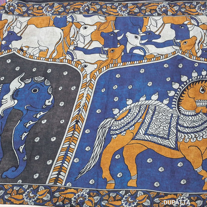Designer dark grey pure muslin silk unstitched salwar material(silky,lining needed) kalamkari printed all over, NO BOTTOM,kalamkari printed short width pure muslin silk dupatta. JN261312