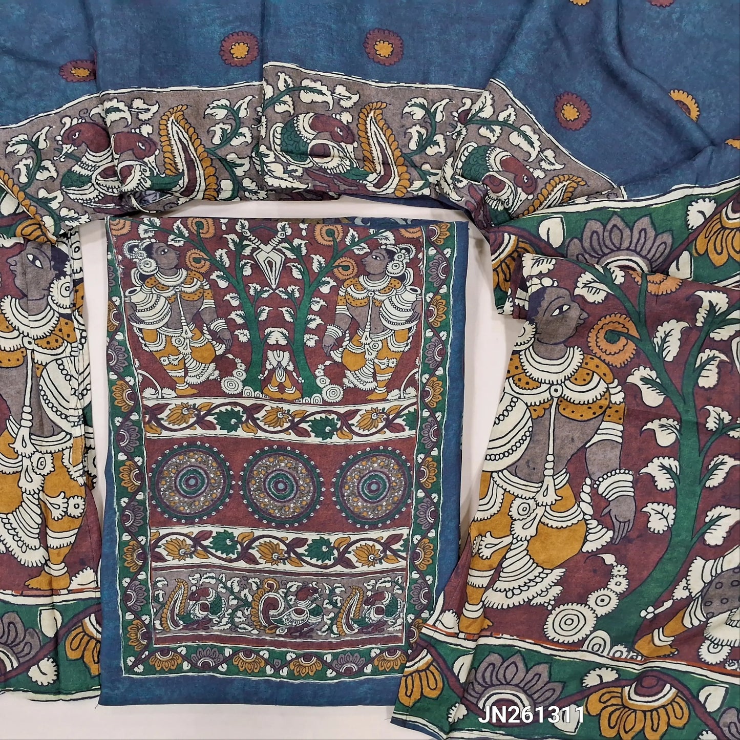 Designer dark teal blue pure muslin silk unstitched salwar material(silky,lining needed) kalamkari printed all over, NO BOTTOM,kalamkari printed short width pure muslin silk dupatta. JN261311
