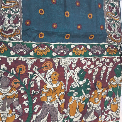 Designer dark teal blue pure muslin silk unstitched salwar material(silky,lining needed) kalamkari printed all over, NO BOTTOM,kalamkari printed short width pure muslin silk dupatta. JN261311
