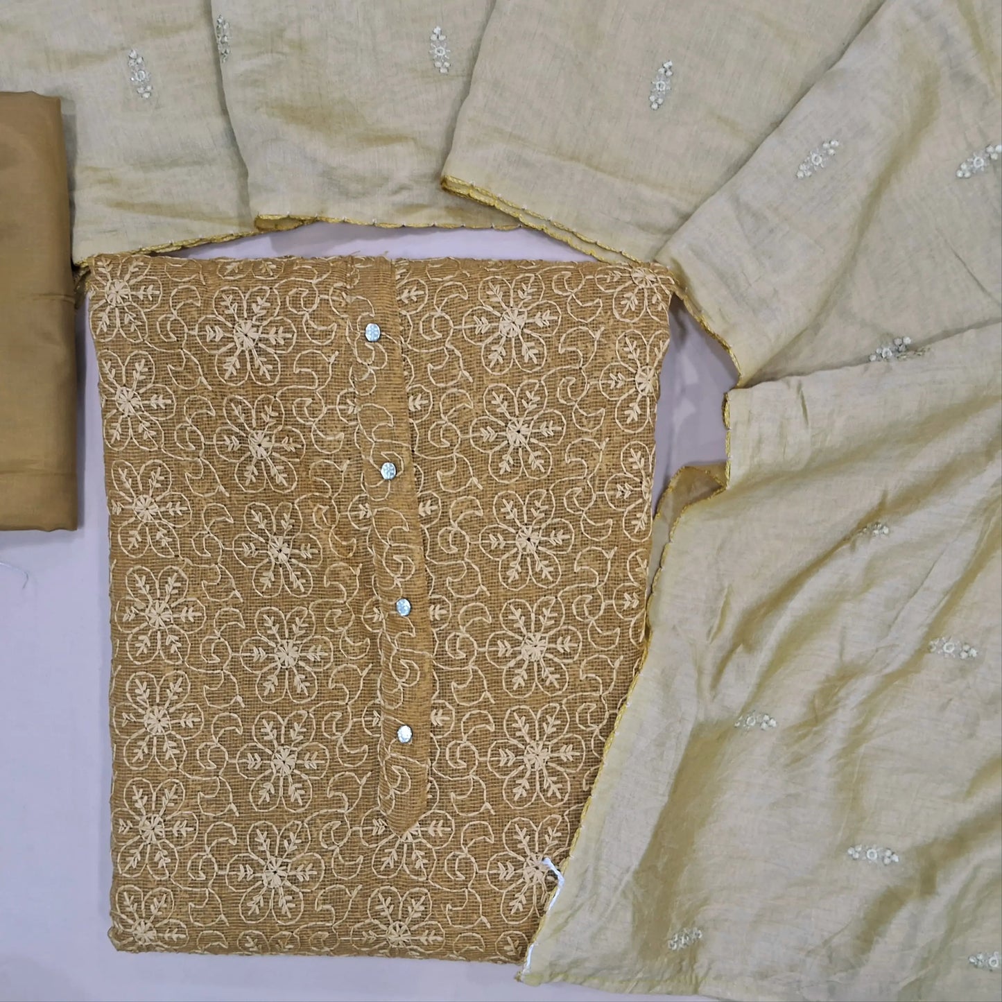 Sand brown premium supernet unstitched salwar material,embroidery on front(Thin, Lining Needed) silky bottom, sequins on fancy silk cotton dupatta. JN261418