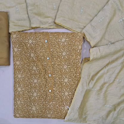 Sand brown premium supernet unstitched salwar material,embroidery on front(Thin, Lining Needed) silky bottom, sequins on fancy silk cotton dupatta. JN261418