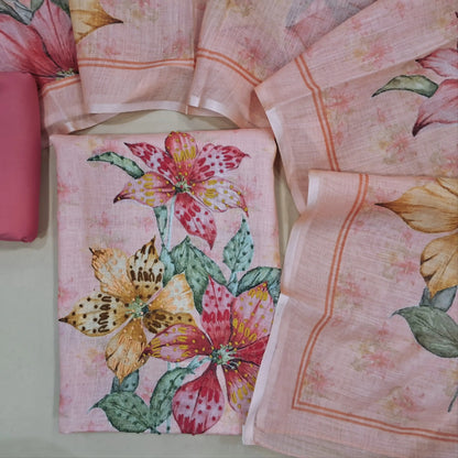 Pastel pink digital printed semi linen unstitched salwar material, sober printed all over, hand embroidered on daman(thin, lining needed)matching bottom,digital printed semi linen full length dupatta. JN261410