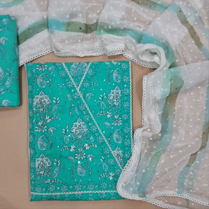 Blue printed pure cotton unstitched salwar material,angraha neck with cut bead and french knot work,(lining needed)printed cotton bottom,brush paint on jakard chiffon dupatta. JN261406