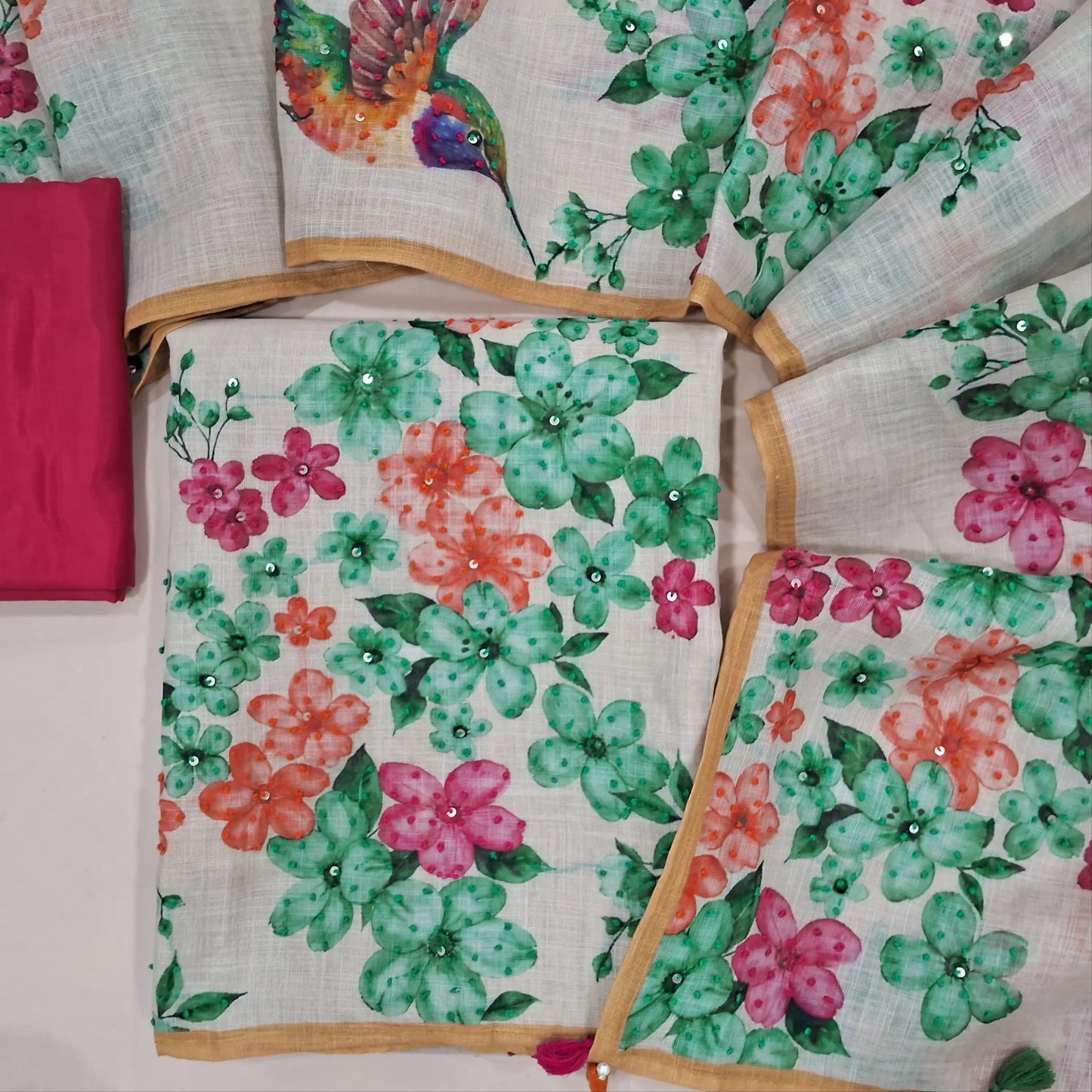 Designer rich beige pure linen unstitched salwar material,(lining needed) digital print, hand embroidery work on front, printed v neck, dark pink silky bottom, digital print & hand embroidery work on pure linen full length dupatta with tassels. JN261407