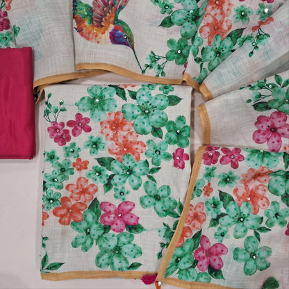 Designer rich beige pure linen unstitched salwar material,(lining needed) digital print, hand embroidery work on front, printed v neck, dark pink silky bottom, digital print & hand embroidery work on pure linen full length dupatta with tassels. JN261407