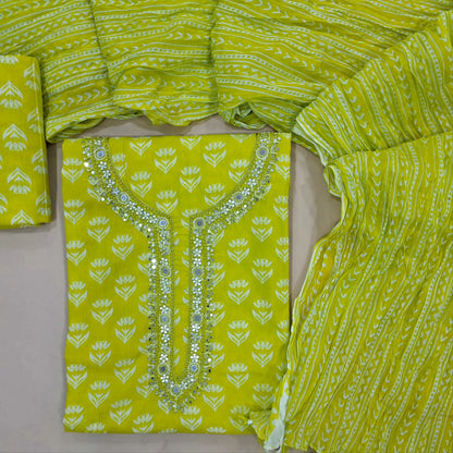 Bright green printed mul cotton unstitched salwar material, real mirror, french knot and faux mirror work on yoke,(lining needed) printed cotton bottom, crinkled printed mul cotton dupatta. JN261402