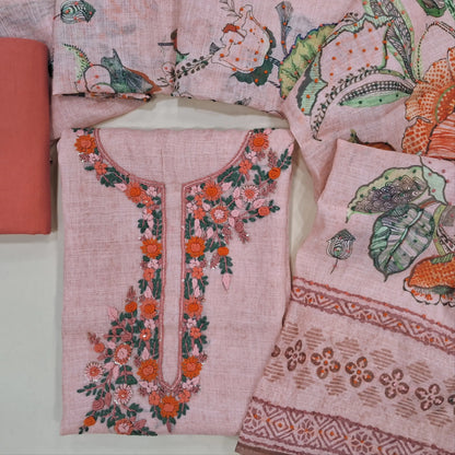 Peachish pink premium linen unstitched salwar material(textured, lining needed) rich hand embroidery work on front, matching santoon bottom, digital floral printed, hand embroidery work on linen dupatta. JN261413