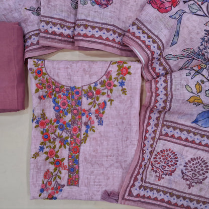 Pastel pink premium linen unstitched salwar material(textured, lining needed) rich hand embroidery work on front, matching santoon bottom, digital floral printed, hand embroidery work on linen dupatta. JN261412