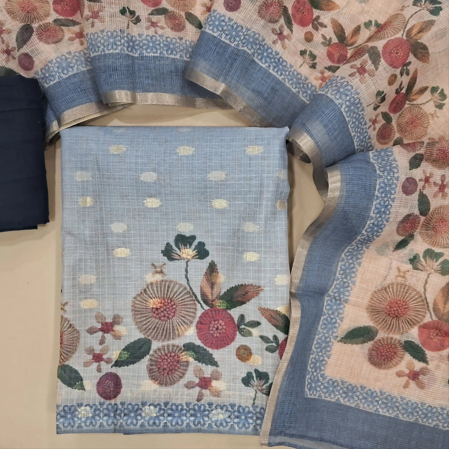 Blueish grey chanderi kota unstitched salwar material,zari buttas allover, digital printed daman (thin, lining needed)dark blue cotton bottom, digital printed chanderi kota dupatta.JN261411