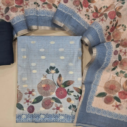 Blueish grey chanderi kota unstitched salwar material,zari buttas allover, digital printed daman (thin, lining needed)dark blue cotton bottom, digital printed chanderi kota dupatta.JN261411