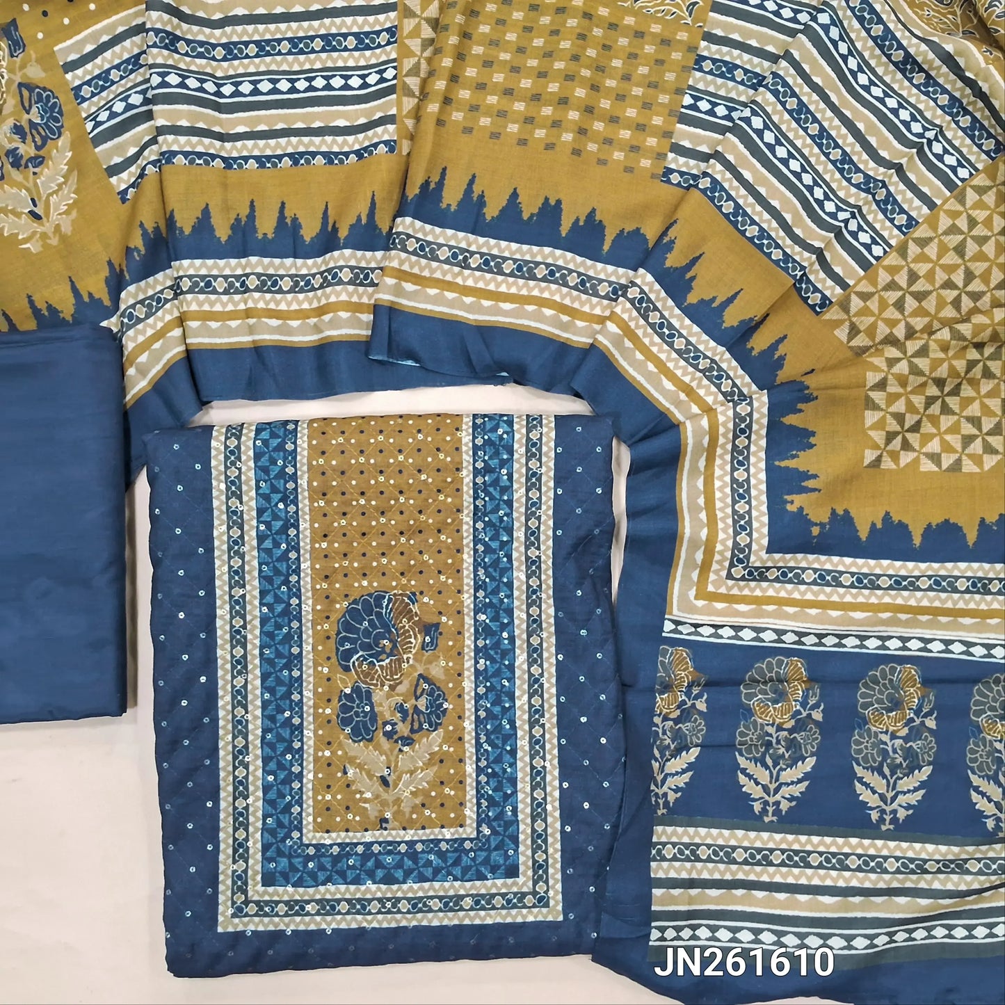 Dark blue fancy silk cotton unstitched salwar material, floral print on yoke,sequins work on front,(SEQUINS WORK MIGHT VARY)(Lightweight, Lining Needed) silky bottom, digital printed soft silk cotton dupatta. JN261610