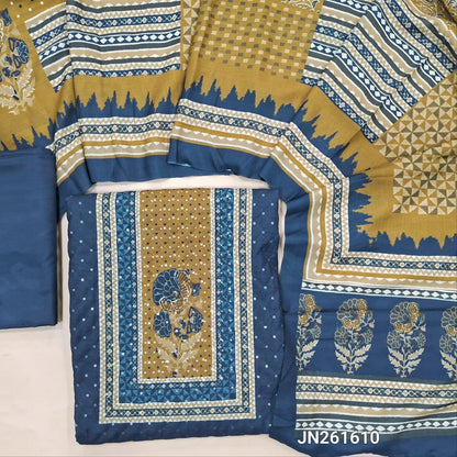 Dark blue fancy silk cotton unstitched salwar material, floral print on yoke,sequins work on front,(SEQUINS WORK MIGHT VARY)(Lightweight, Lining Needed) silky bottom, digital printed soft silk cotton dupatta. JN261610