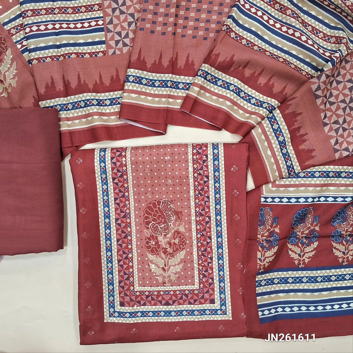 Maroon fancy silk cotton unstitched salwar material, floral print on yoke,sequins work on front,(SEQUINS WORK MIGHT VARY)(Lightweight, Lining Needed) silky bottom, digital printed soft silk cotton dupatta. JN261611