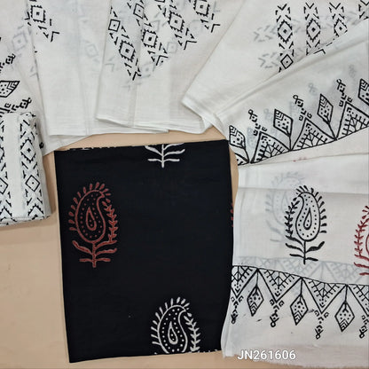 Black hand block printed pure mul cotton unstitched salwar material,(lining optional)hand block printed white cotton bottom,block printed full length mul cotton dupatta. (TAPPING NEEDED, INCONSISTENT PRINTS ARE NOT DEFECTS) JN261606