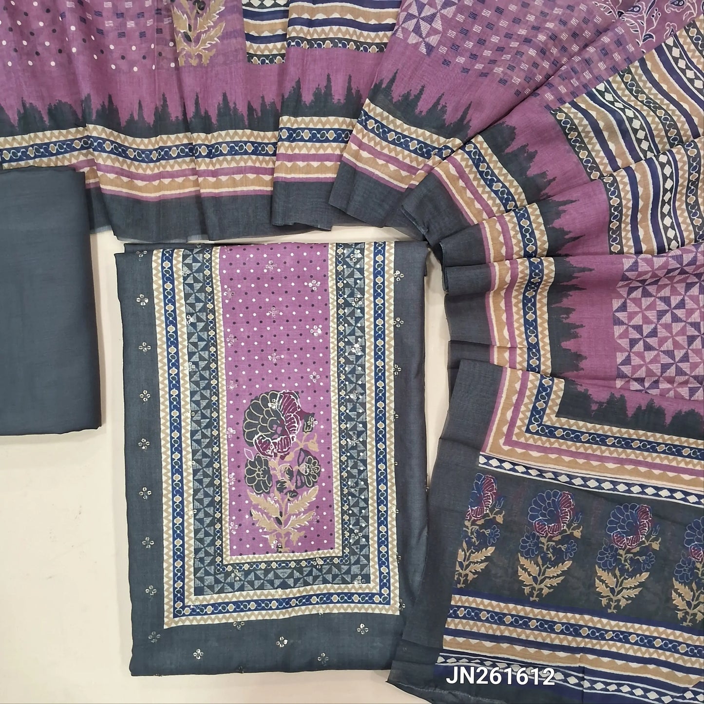 Grey fancy silk cotton unstitched salwar material, floral print on yoke,sequins work on front,(SEQUINS WORK MIGHT VARY)(Lightweight, Lining Needed) silky bottom, digital printed soft silk cotton dupatta. JN261612