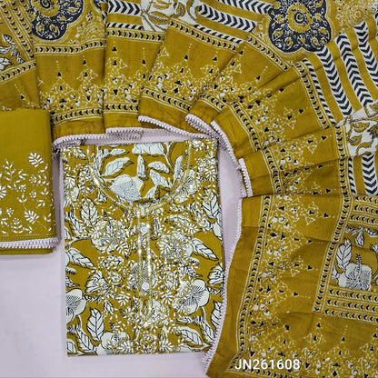 Designer mehandhi green hand block printed pure cotton unstitched salwar material,embroidery and sequins work on front(thin,lining optional)embroidered cotton bottom,printed mul cotton dupatta with lace tapping. JN261608