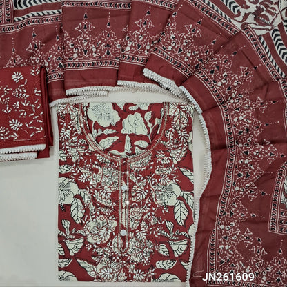 Designer dark maroon hand block printed pure cotton unstitched salwar material,embroidery and sequins work on front(thin,lining optional)embroidered cotton bottom,printed mul cotton dupatta with lace tapping. JN261609