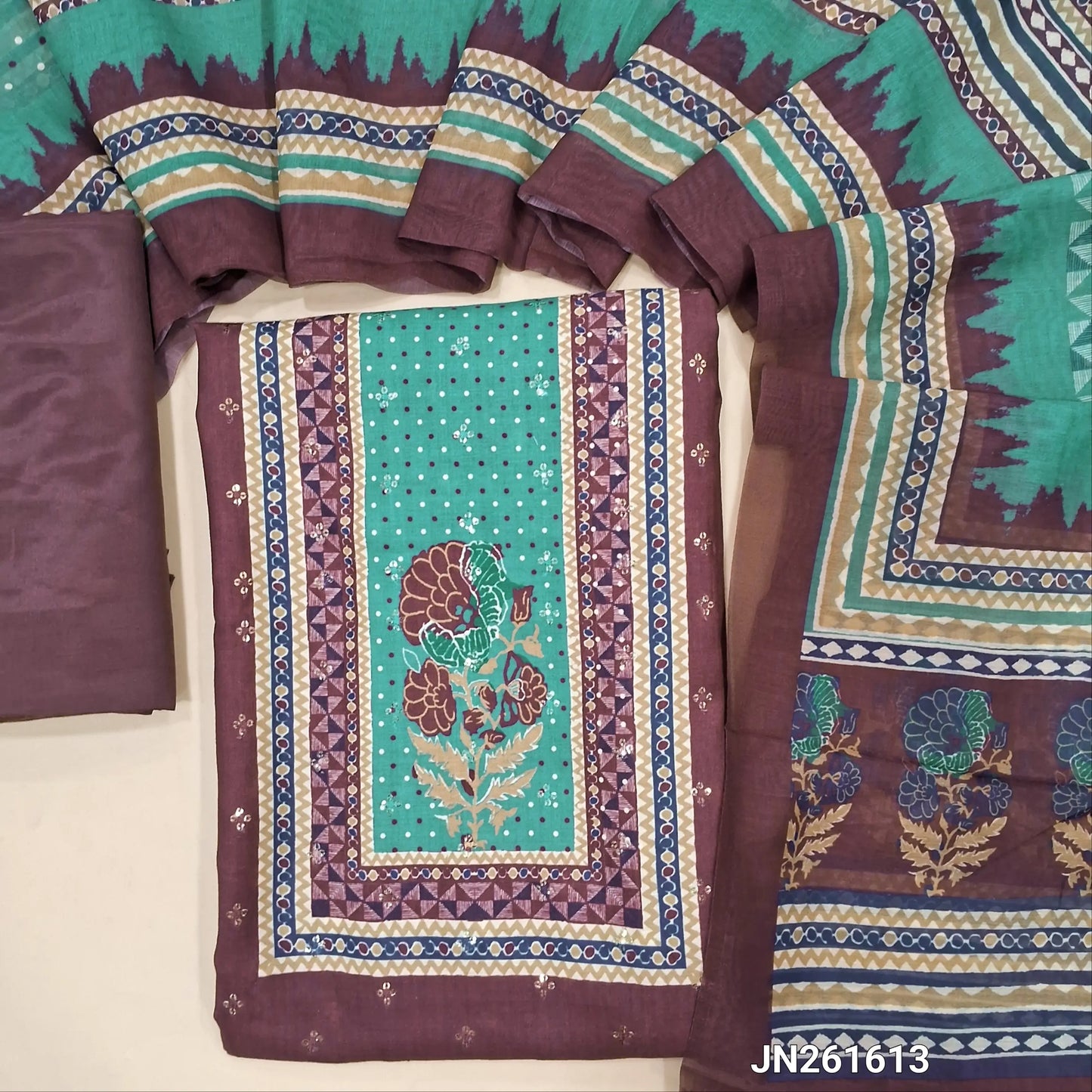 Beetroot purple fancy silk cotton unstitched salwar material, floral print on yoke,sequins work on front,(SEQUINS WORK MIGHT VARY)(Lightweight, Lining Needed) silky bottom, digital printed soft silk cotton dupatta. JN261613