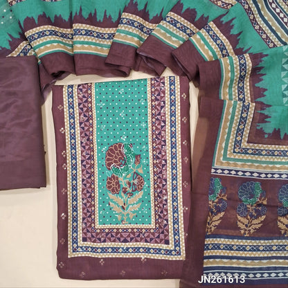 Beetroot purple fancy silk cotton unstitched salwar material, floral print on yoke,sequins work on front,(SEQUINS WORK MIGHT VARY)(Lightweight, Lining Needed) silky bottom, digital printed soft silk cotton dupatta. JN261613