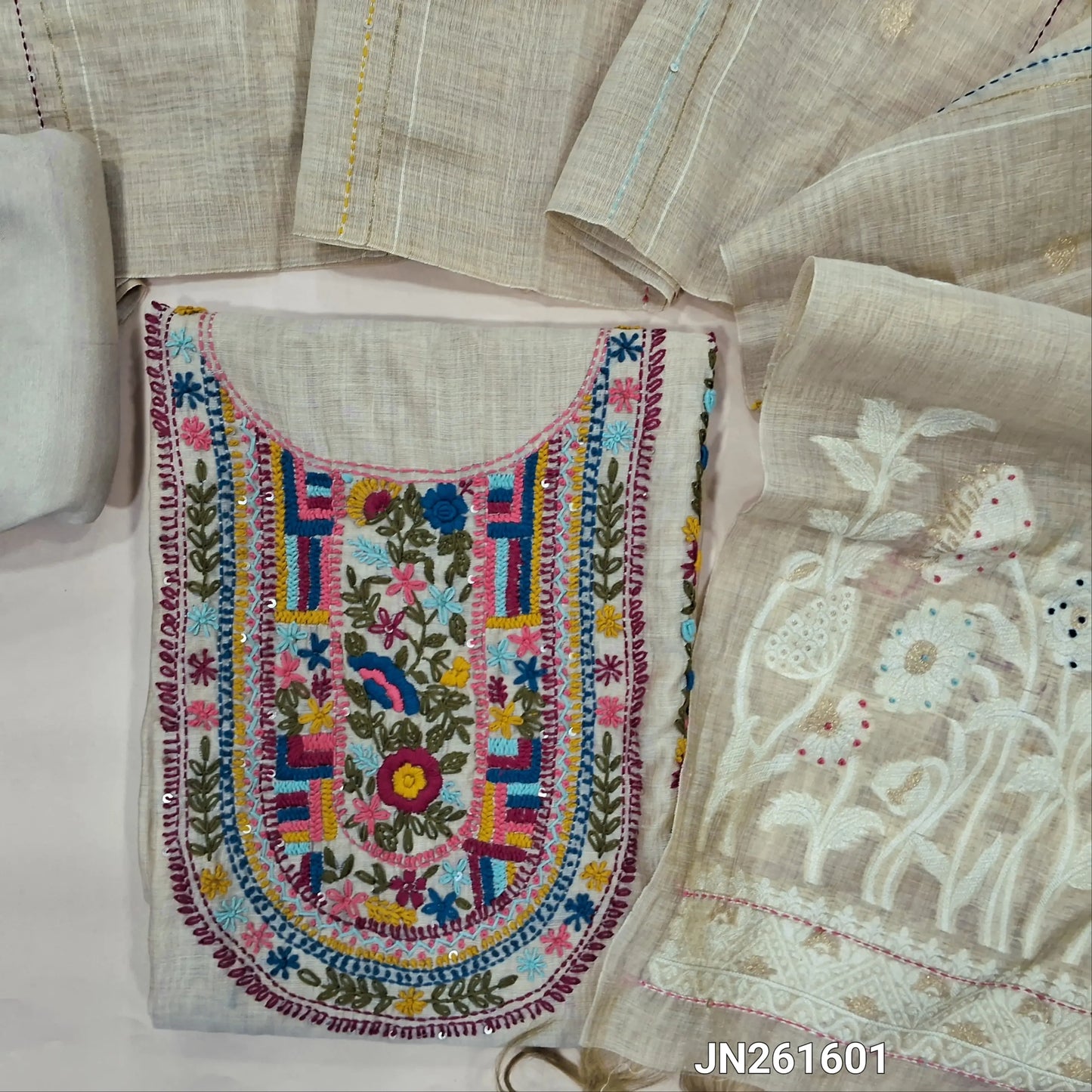 Designer rich beige soft silk cotton unstitched salwar material,hand embroidery work on yoke, panel design,(lining needed)santoon bottom, embroidery & kantha stitch on jamdani woven soft silk cotton dupatta with pallu(WEAVING MIGHT VARY). JN261601