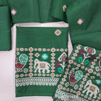 Bottle green jamdani woven silk cotton unstitched salwar material, thread weaving buttas on front,patola weaving on daman, (lining needed)santoon bottom, weaving buttas on full length silk cotton dupatta with jamdani woven pallu. JN261614