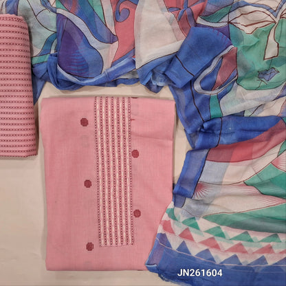 Light peachish pink premium handloom cotton unstitched salwar material,stitch work on yoke, thread woven buttas all over, (lining needed)thread weaving handloom cotton bottom,multicolor abstract design on pure chiffon dupatta(TAPPING NEEDED). JN261604