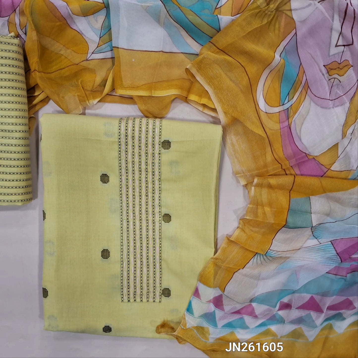 Pastel yellow premium handloom cotton unstitched salwar material,stitch work on yoke, thread woven buttas all over, (lining needed)thread weaving handloom cotton bottom,multicolor abstract design on pure chiffon dupatta(TAPPING NEEDED). JN261605