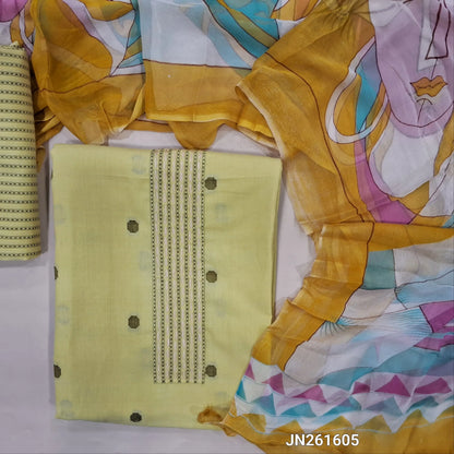 Pastel yellow premium handloom cotton unstitched salwar material,stitch work on yoke, thread woven buttas all over, (lining needed)thread weaving handloom cotton bottom,multicolor abstract design on pure chiffon dupatta(TAPPING NEEDED). JN261605