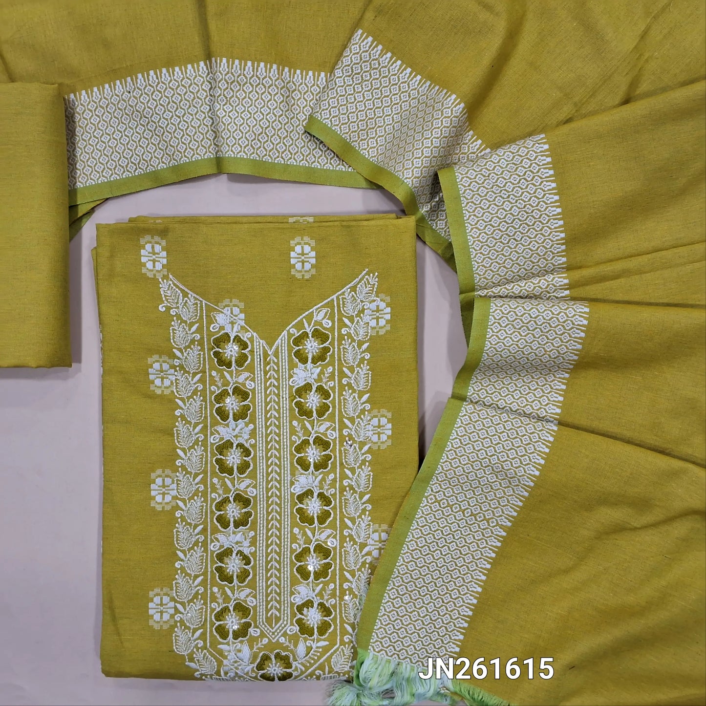 Mehandhi yellow spun silk cotton unstitched salwar material, embroidery work on yoke,thread weaving all over,(lining needed)spun silk cotton bottom, spun silk cotton dupatta with thread woven borders. JN261615