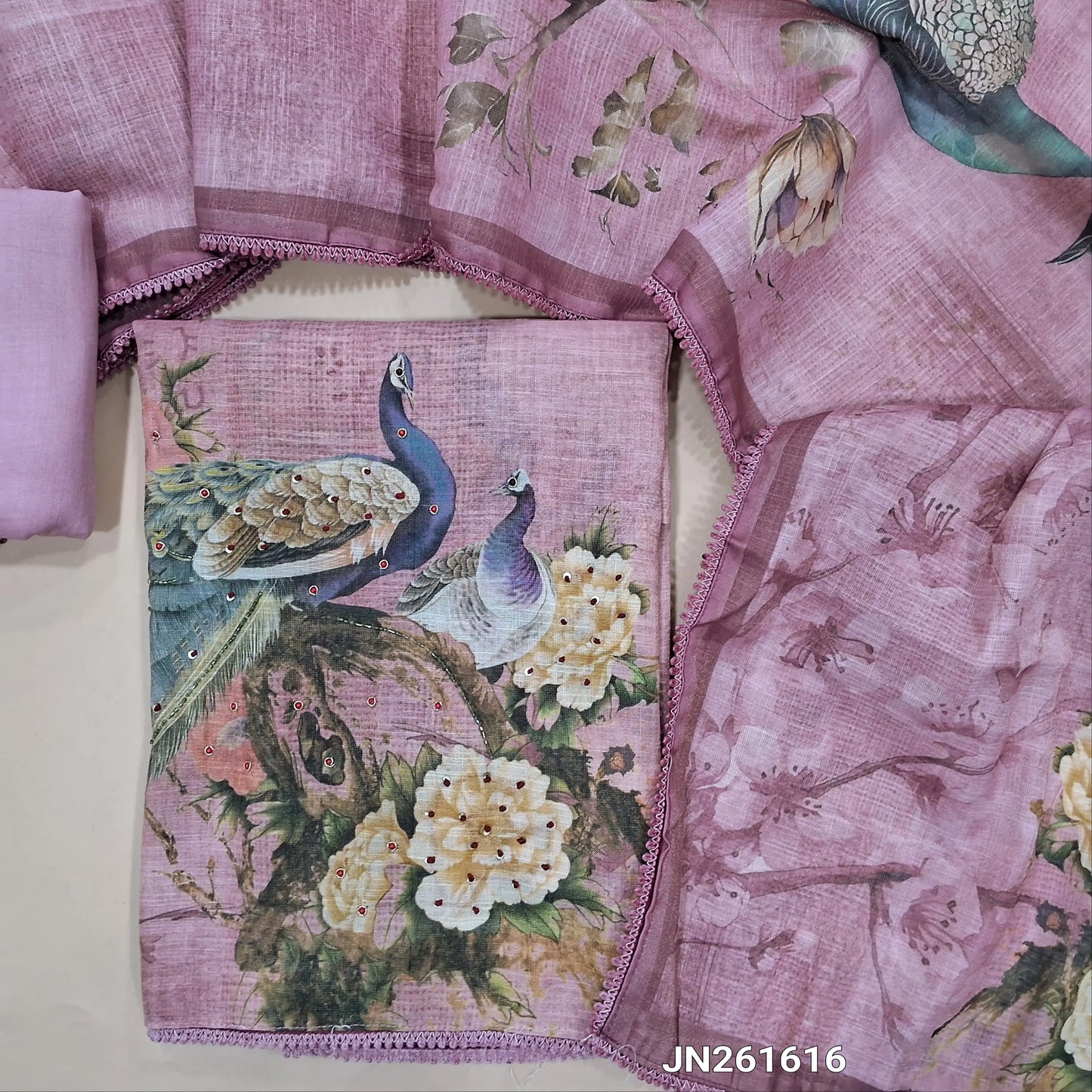 Designer pastel pink silver tint tissue linen unstitched salwar material,peacock digital printed with cut bead and french knot work on front,(lining needed)spun cotton bottom,digital printed tissue linen dupatta with lace tapping. JN261616