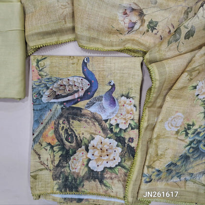 Designer light yellowish beige silver tint tissue linen unstitched salwar material,peacock digital printed with cut bead and french knot work on front,(lining needed)spun cotton bottom,digital printed tissue linen dupatta with lace tapping. JN261617