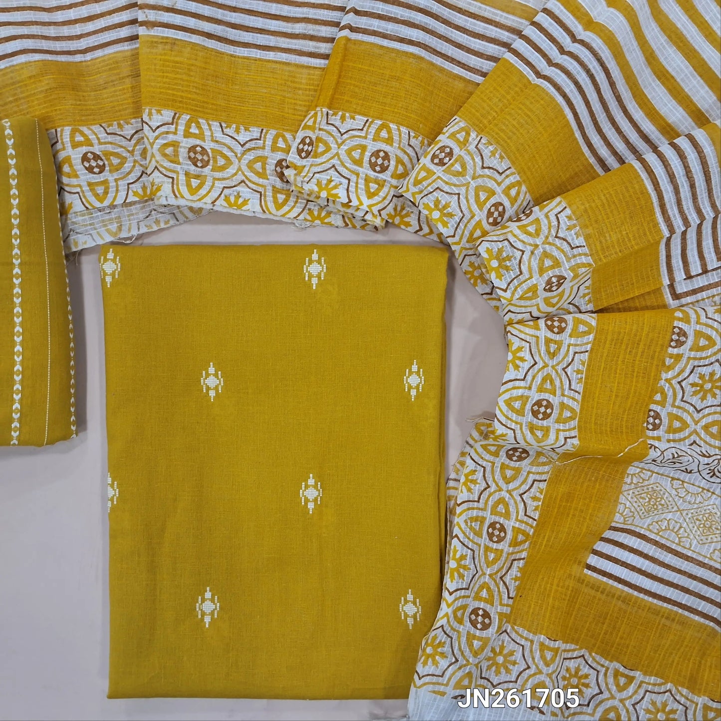 PREORDER SHIPPING AFTER 1 WEEK Mehandhi yellow handloom cotton unstitched salwar material,thread woven buttas all over, (lining optional)thread weaving handloom cotton bottom, hand block printed kota dupatta.JN261705