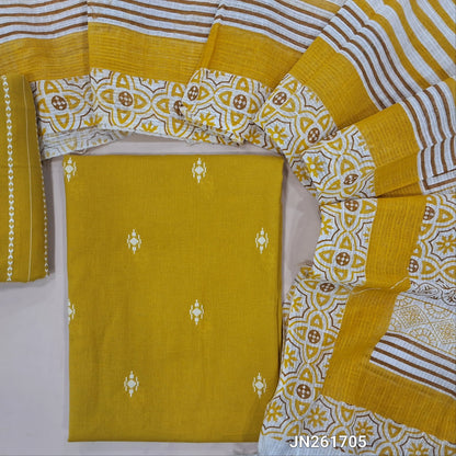 PREORDER SHIPPING AFTER 1 WEEK Mehandhi yellow handloom cotton unstitched salwar material,thread woven buttas all over, (lining optional)thread weaving handloom cotton bottom, hand block printed kota dupatta.JN261705