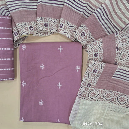 PREORDER SHIPPING AFTER 1 WEEK Mauve shade handloom cotton unstitched salwar material,thread woven buttas all over, (lining optional)thread weaving handloom cotton bottom, hand block printed kota dupatta.JN261704