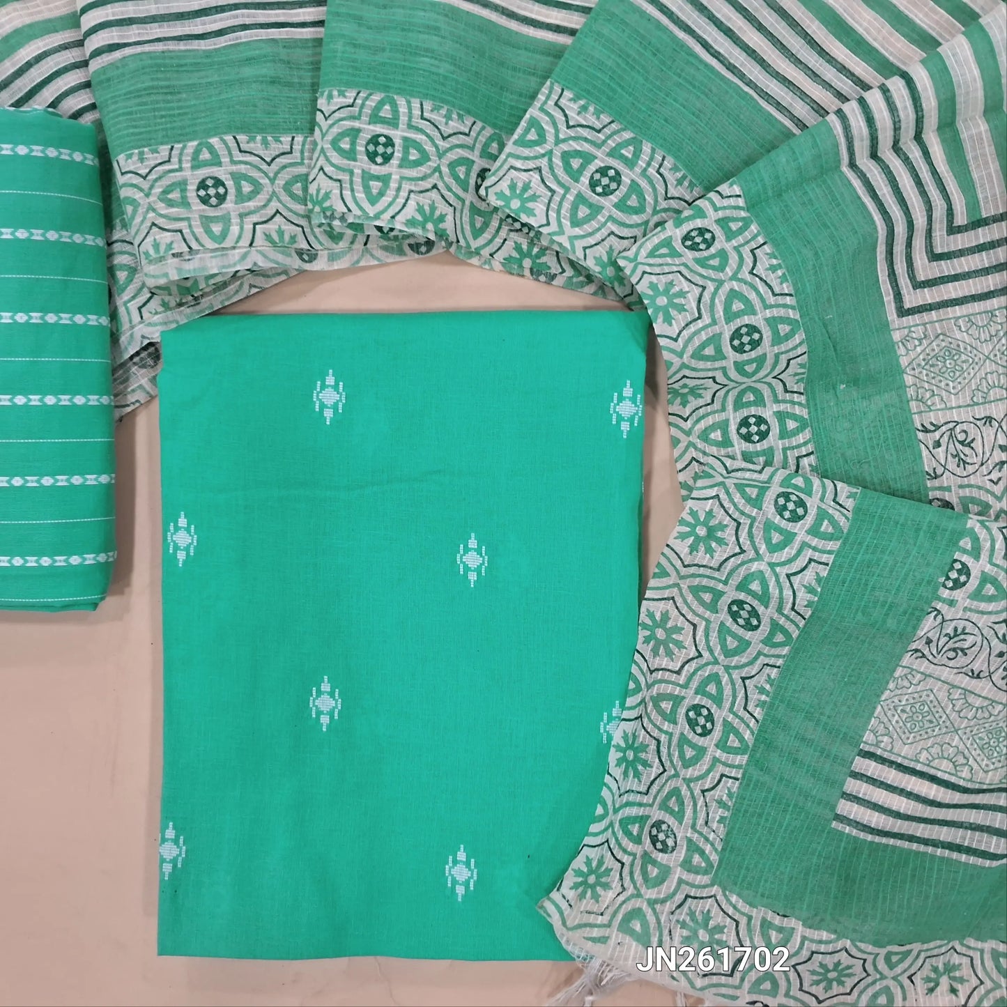 PREORDER SHIPPING AFTER 1 WEEK Pastel blue handloom cotton unstitched salwar material,thread woven buttas all over, (lining optional)thread weaving handloom cotton bottom, hand block printed kota dupatta.JN261702