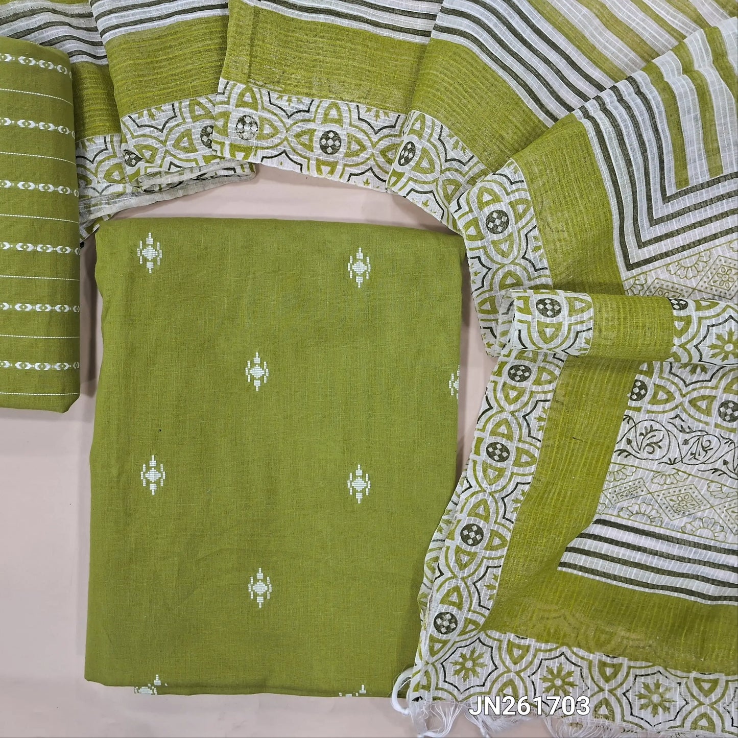 PREORDER SHIPPING AFTER 1 WEEK Mossy green handloom cotton unstitched salwar material,thread woven buttas all over, (lining optional)thread weaving handloom cotton bottom, hand block printed kota dupatta.JN261703