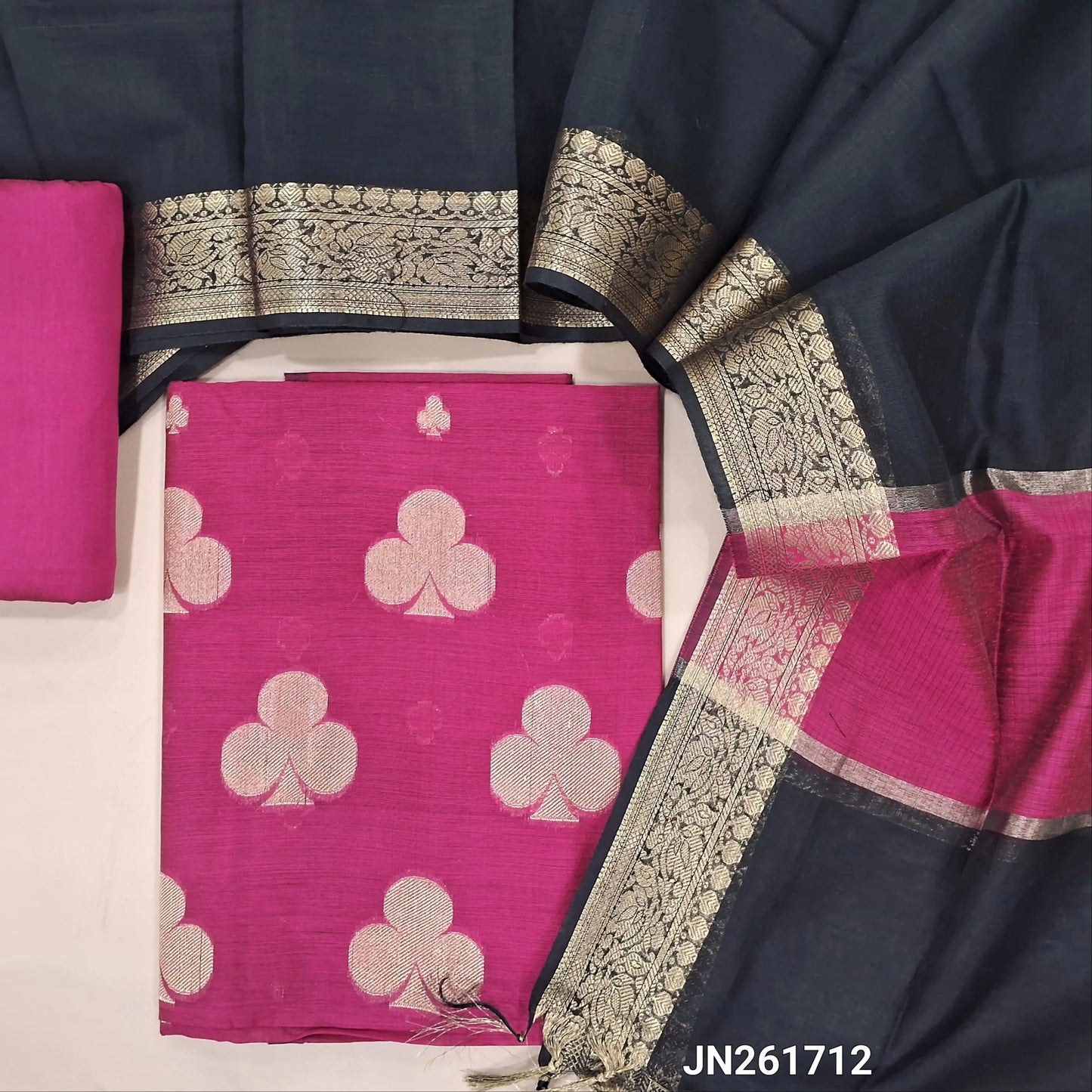 Rani pink Benarasi woven soft silk cotton unstitched salwar material(lining needed) zari buttas allover,matching silk cotton bottom, benarasi woven silk cotton dupatta with gold zari borders. JN261712