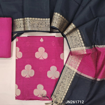 Rani pink Benarasi woven soft silk cotton unstitched salwar material(lining needed) zari buttas allover,matching silk cotton bottom, benarasi woven silk cotton dupatta with gold zari borders. JN261712
