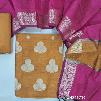 Mehandhi yellow Benarasi woven soft silk cotton unstitched salwar material(lining needed) zari buttas allover,matching silk cotton bottom, benarasi woven silk cotton dupatta with gold zari borders. JN261710