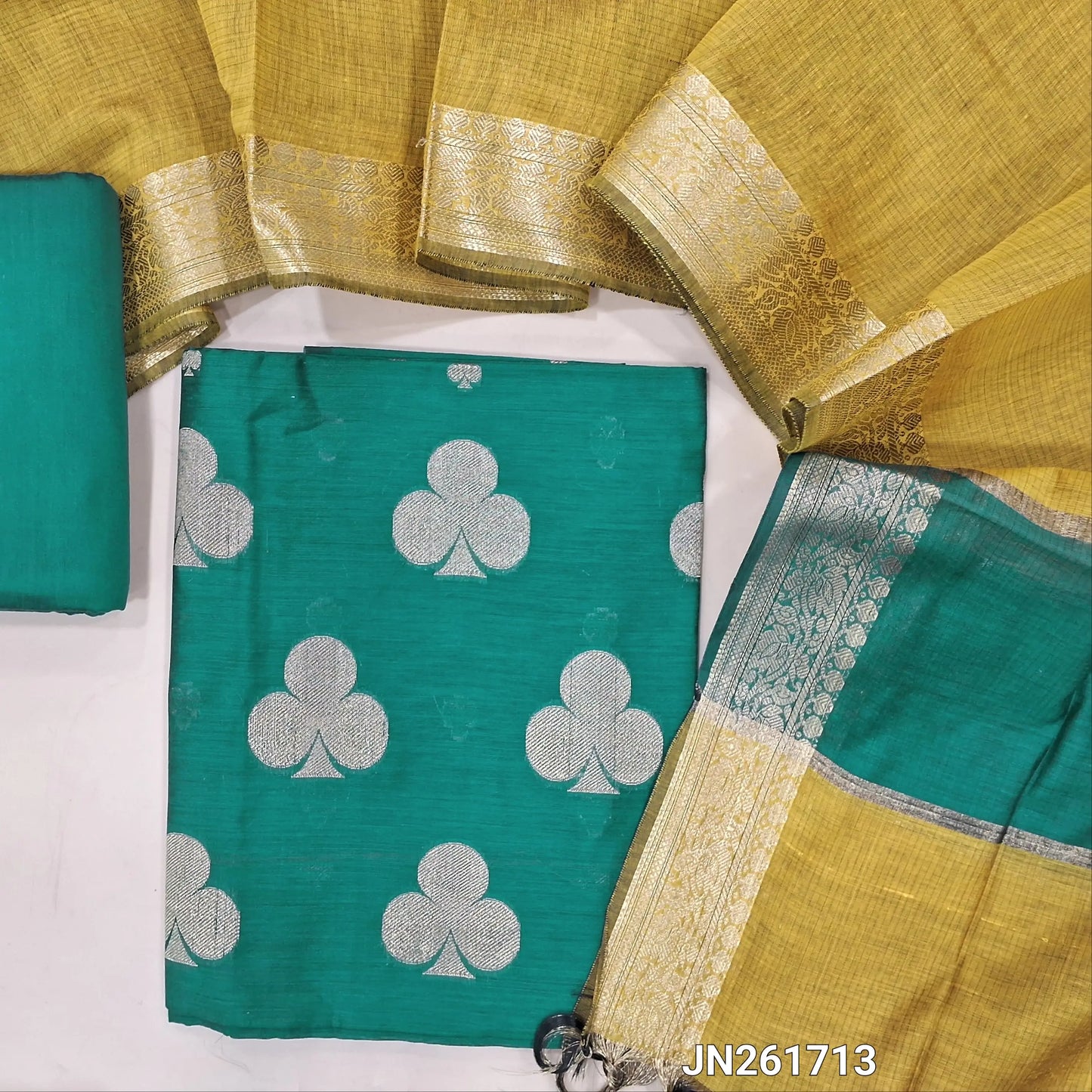 Teal blue Benarasi woven soft silk cotton unstitched salwar material(lining needed) zari buttas allover,matching silk cotton bottom, benarasi woven silk cotton dupatta with gold zari borders. JN261713