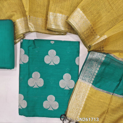 Teal blue Benarasi woven soft silk cotton unstitched salwar material(lining needed) zari buttas allover,matching silk cotton bottom, benarasi woven silk cotton dupatta with gold zari borders. JN261713