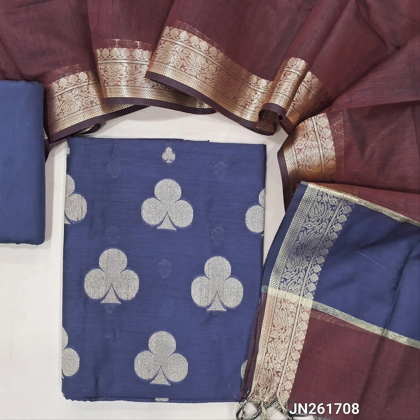 Dark blue Benarasi woven soft silk cotton unstitched salwar material(lining needed) zari buttas allover,matching silk cotton bottom, benarasi woven silk cotton dupatta with gold zari borders. JN261708