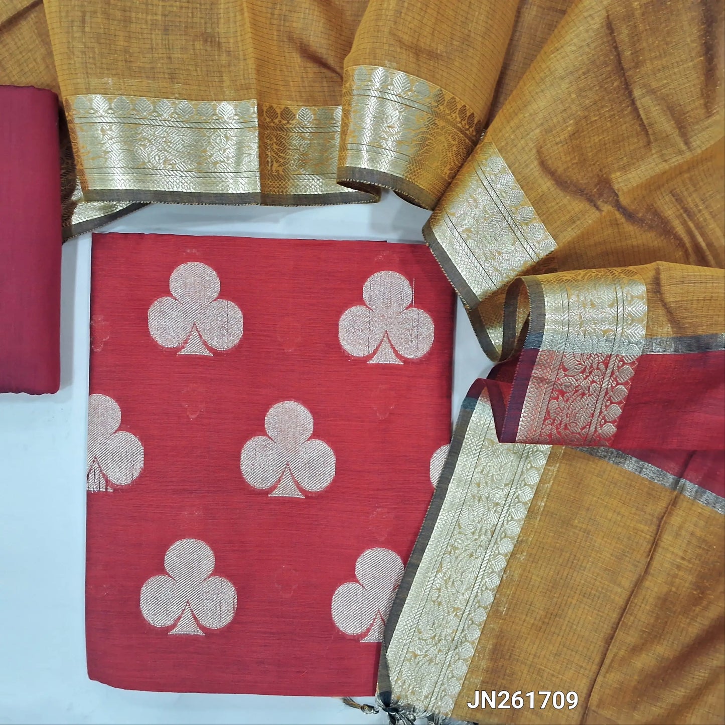 Reddish maroon Benarasi woven soft silk cotton unstitched salwar material(lining needed) zari buttas allover,matching silk cotton bottom, benarasi woven silk cotton dupatta with gold zari borders. JN261709
