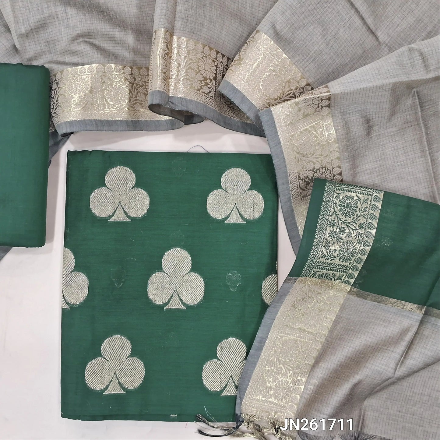 Dark green Benarasi woven soft silk cotton unstitched salwar material(lining needed) zari buttas allover,matching silk cotton bottom, benarasi woven silk cotton dupatta with gold zari borders. JN261711