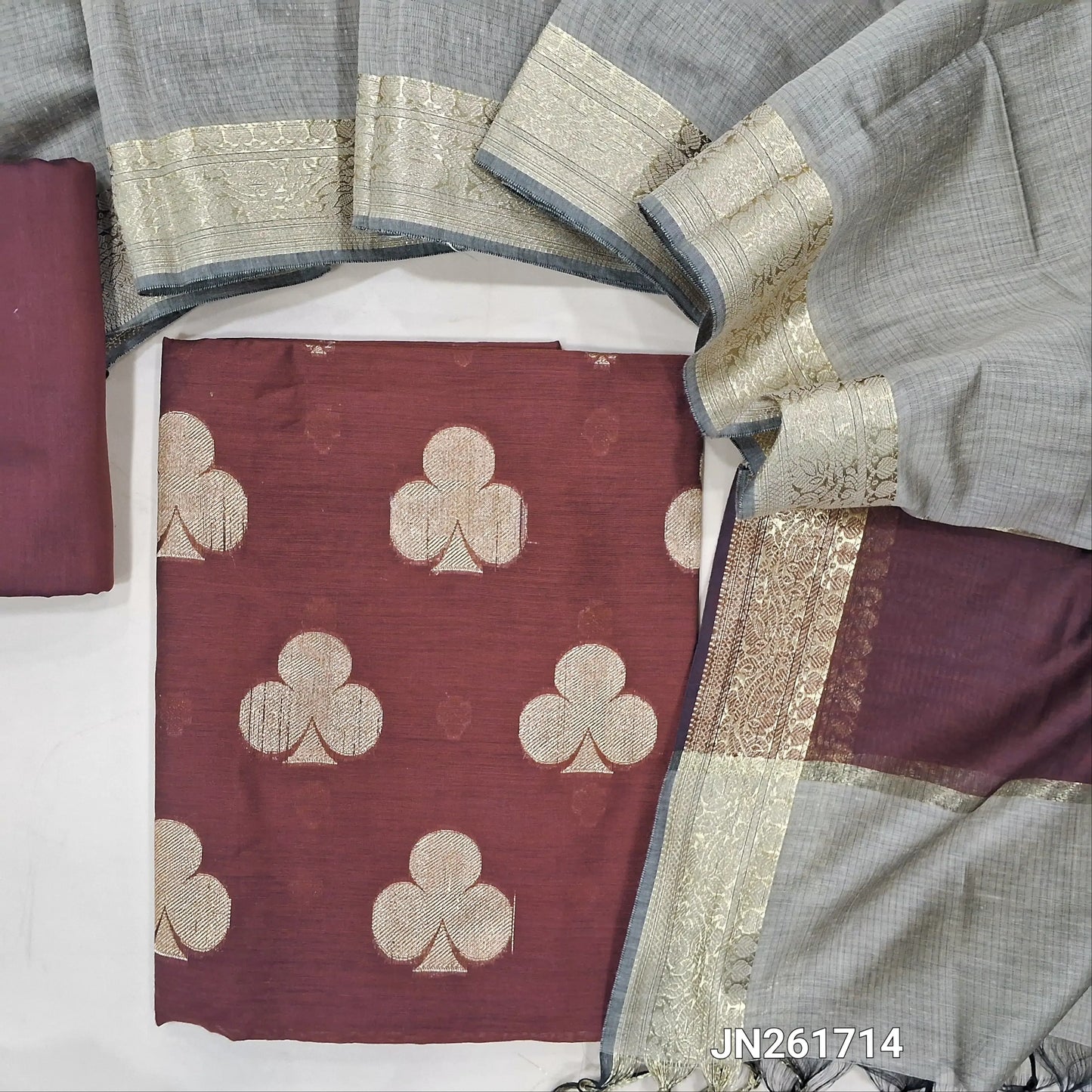 Dark maroon Benarasi woven soft silk cotton unstitched salwar material(lining needed) zari buttas allover,matching silk cotton bottom, benarasi woven silk cotton dupatta with gold zari borders. JN261714