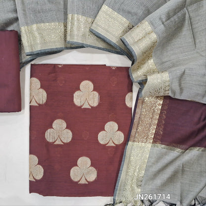 Dark maroon Benarasi woven soft silk cotton unstitched salwar material(lining needed) zari buttas allover,matching silk cotton bottom, benarasi woven silk cotton dupatta with gold zari borders. JN261714