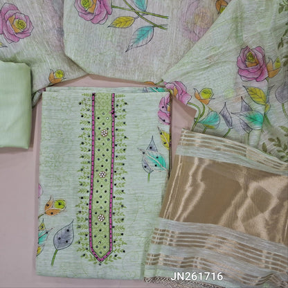 Designer pastel green floral printed linen unstitched salwar material,fancy buttons and sequins work on yoke & front, gold tissue border on daman( lining needed)matching cotton bottom,floral printed linen dupatta with fancy less tapping. JN261716