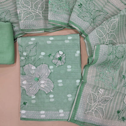 Sea Blue benarasi chanderi kota unstitched salwar material,embroidered yoke,floral printed with kantha stitch and sequins work on front,panel design,( lining needed)drum dyed cotton bottom, hand embroidery on benarsi chanderi kota dupatta. JN261701